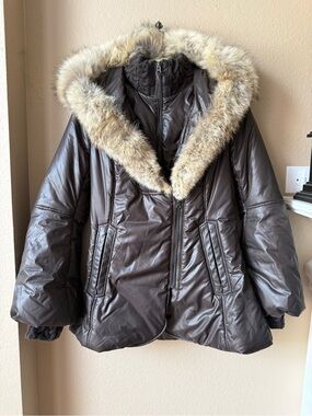 Mackage Dark Brown Puffer Jacket with Faux-Fur Trim Hood